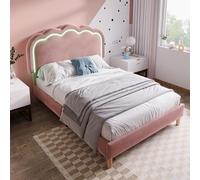 KUAKE Lettino imbottito 90 x 200 cm, letto singolo con rete a doghe e testiera regolabile, grazioso letto per ragazzi con testiera a LED a forma di sbuff, letto imbottito, in velluto (rosa, 90 x 200