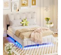 KUAKE Lettino imbottito per bambini, 140 x 200 cm, struttura per letto L-E-D, con rete a doghe, schienale per ragazzi, letto matrimoniale, tessuto di velluto, senza materasso (beige, 140 x 200 cm)