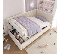 KUAKE Lettino imbottito per bambini, 90 x 200 cm, con vano portaoggetti idraulico, letto per ragazzi con rete a doghe in legno, velluto, senza materasso (beige)