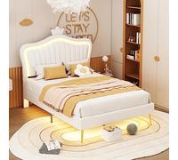 KUAKE Lettino imbottito per bambini, 90 x 200 cm, struttura letto per bambine, struttura letto matrimoniale a corona bianca in pelle PU con luci a LED, rete a doghe e schienale, materasso non incluso
