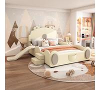 KUAKE Lettino Letto per bambini 140 x 200 cm, dotato di scivolo e scala, facile da pulire, forma carina, da orso, beige