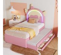 KUAKE Lettino per bambini 90 x 200 cm, con LED, letto singolo con letto estraibile, divano letto con rete a doghe, testiera dei cartoni animati, letto per ragazzi e ragazze, senza materasso (rosa, 90