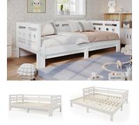 KUAKE Lettino per bambini 90 x 200 cm, funzionale letto per gli ospiti in legno massiccio, letto in legno con rete a doghe e protezione dalle cadute, letto estraibile singolo e matrimoniale, per