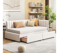 KUAKE Lettino per bambini 90 x 200 cm, letto per gli ospiti con 2 cassetti, letto singolo con rete a doghe in legno, velluto (beige)