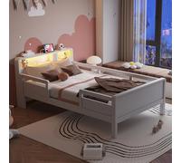 KUAKE Lettino per bambini in legno, 90 x 200, con presa USB di tipo C, lampada a LED e testiera, letto singolo per ragazzi con protezione dalle cadute, in legno di pino, senza materasso (bianco)