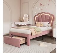 KUAKE Lettino singolo 90 x 190 cm, con cassetti, letto imbottito APP-Control, rete a doghe e testiera LED regolabile, velluto rosa (90 x 190 cm)