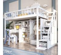 KUAKE Lettino singolo 90 x 200 cm, con scrivania, scale, armadietti, armadio, senza materasso, in legno massiccio, bianco