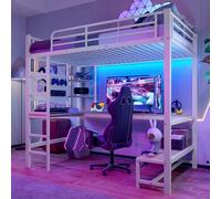 KUAKE Letto a castello, 90 x 200 cm, con striscia LED, presa USB, letto in metallo con scrivania, più ripiani, tavola forata, letto singolo con protezione dalle cadute, scala, senza materasso (bianco)