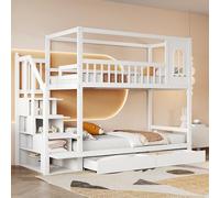 KUAKE Letto a castello 90 x 200 cm, in legno massello matrimoniale, a forma di casa con finestre, design di recinzione di sicurezza, con cassetti e scala di sicurezza, per ragazzi e ragazze (bianco)