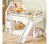 KUAKE Letto a Castello 90x200 Letto per Bambini Singolo con Scivolo, Scale, Letti per 4 Bambini, con Struttura del Letto e Dispositivo Anticaduta, a Forma di Casa sull'Albero (Bianco, 90x200cm)