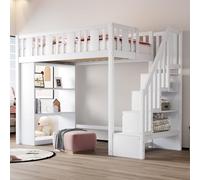 KUAKE Letto a soppalco 90 x 200 cm, con scala di stoccaggio, letto a soppalco con scomparti più grandi, letto funzionale, lettino per bambini, letto in legno, senza materasso (bianco, 90 x 200 cm)