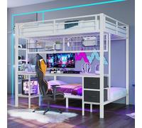 KUAKE Letto a soppalco a LED in metallo, 90 x 200/140 x 200 cm, con porta USB, rete a doghe, con scrivania, a griglia, scaffale, cassettiera, letto funzionale, per bambini, senza materasso (bianco)