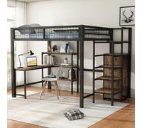 KUAKE Letto a soppalco per adulti, in metallo, nero, 140 x 200 cm, con scale, scrivania e armadio, piccolo, letto in metallo con ripiani multipli (140x200cm)