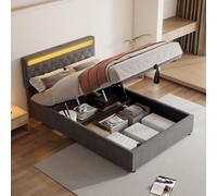 KUAKE Letto contenitore matrimoniale con presa USB & tipo C, letto matrimoniale 140 x 200 cm con luce d'atmosfera sul letto, letto idraulico,letto una piazza e mezza con base a doghe