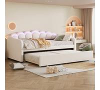 KUAKE Letto giornaliero, 90 x 200 cm, con letto estraibile, divano letto, letto singolo, velluto, luce ambientale che cambia colore, senza materasso (beige)