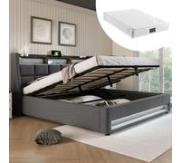 KUAKE Letto imbottito 140 x 200 cm con materasso, letto matrimoniale con spazio e rete a doghe, testiera LED con funzione di ricarica USB, letto funzionale, schienale in lino