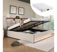 KUAKE Letto imbottito 140 x 200 cm con materasso, letto matrimoniale con spazio e rete a doghe, testiera LED con funzione di ricarica USB, letto funzionale, schienale in lino