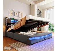 KUAKE Letto imbottito 140 x 200 cm, con presa USB C, funzione di ricarica, testiera con vano portaoggetti, letto idraulico, senza materasso, con LED (grigio, 140 x 200 cm)