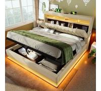 KUAKE Letto imbottito 140 x 200 cm, letto matrimoniale a LED con rete a doghe, testiera con vano portaoggetti e caricabatterie USB e C, per schienale, tessuto di lino (beige)