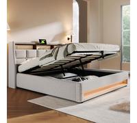 KUAKE Letto imbottito 140 x 200 cm, letto matrimoniale con spazio e rete a doghe, testiera LED con funzione di ricarica USB, letto funzionale, schienale in lino (beige, 140 x 200 cm)