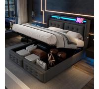 KUAKE Letto imbottito 140 x 200 cm, letto matrimoniale con spazio e rete a doghe, testiera LED con funzione di ricarica USB, letto funzionale, schienale in cotone (grigio, 140 x 200 cm)