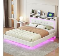 KUAKE Letto Imbottito 160 x 200 cm Con Presa USB e LED, Posizionabile All'estremità Della Testa, Design Dei Piedi Nascosti, Doppio Piano, Tessuto Di Lino
