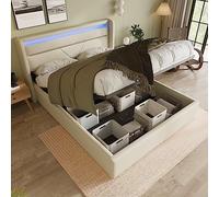 KUAKE Letto imbottito 160 x 200 cm, con rete a doghe LED, letto funzionale idraulico, con vano portaoggetti e testiera, con telecomando (bianco, 160 x 200 cm)
