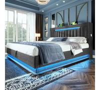 KUAKE Letto imbottito 160 x 200 cm, letto matrimoniale a LED con rete a doghe, testiera con vano portaoggetti e funzione di ricarica USB e tipo C, schienale idraulico, tessuto di lino (grigio, 160 x