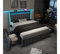 KUAKE Letto imbottito 160 x 200 cm, letto matrimoniale per ragazzi con funzione di ricarica USB tipo C, testata a LED e 4 cassetti, rete a doghe in legno, grigio (160 x 200 cm)
