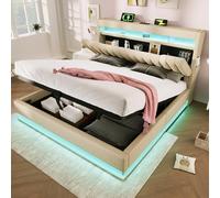 KUAKE Letto imbottito 180 x 200 cm, letto matrimoniale a LED con rete a doghe, testiera con vano portaoggetti e funzione di ricarica USB e di tipo C, per schienale, tessuto di lino (beige, 180 x 200