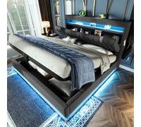 KUAKE Letto imbottito 180 x 200 cm, letto matrimoniale a LED con rete a doghe, testiera con vano portaoggetti e funzione di ricarica USB e di tipo C, schienale idraulico, tessuto di lino (grigio, 180