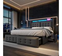 KUAKE Letto imbottito 180 x 200 cm, letto matrimoniale con testiera a LED e funzione di ricarica USB C e 4 cassetti, letto con rete a doghe in legno e telaio in metallo, cotone (grigio, 180 x 200 cm)
