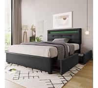 KUAKE Letto imbottito 90 x 200 cm, con testiera a LED e 2 cassetti, letto singolo con telaio piatto e testiera regolabile in altezza, materiale di lino, per ragazzi senza materasso (grigio, 90 x 200