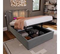 KUAKE Letto imbottito 90 x 200 cm, idraulico singolo con luce da lettura e funzione di ricarica USB, testiera, letto con rete a doghe, tessuto di velluto, elegante letto per ragazzi (grigio, 90 x 200