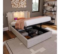 KUAKE Letto imbottito 90 x 200 cm, idraulico singolo con luce da lettura e funzione di ricarica USB, testiera, letto con rete a doghe, tessuto di velluto, elegante letto per ragazzi (naturale, 90 x