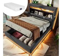 KUAKE Letto imbottito 90 x 200 cm, letto singolo a LED con rete a doghe, testiera con vano portaoggetti e funzione di ricarica USB e tipo C, schienale idraulico, tessuto di lino (grigio, 90 x 200 cm