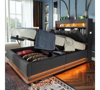 KUAKE Letto imbottito 90 x 200 cm, letto singolo a LED con rete a doghe, testiera con vano portaoggetti e funzione di ricarica USB e di tipo C, letto idraulico, schienale, tessuto di lino (grigio, 90