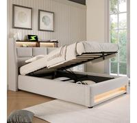 KUAKE Letto imbottito 90 x 200 cm, letto singolo con spazio e rete a doghe, testiera a LED con funzione di ricarica USB, letto funzionale, schienale in lino