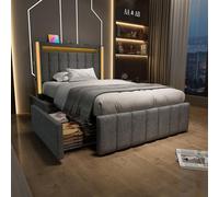 KUAKE Letto imbottito 90 x 200 cm, letto singolo per ragazzi con funzione di ricarica USB tipo C, testiera a LED e 2 cassetti, rete a doghe in legno, grigio (90 x 200 cm)