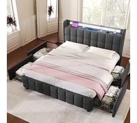 KUAKE Letto imbottito con funzione di ricarica USB e testiera a LED e 4 cassetti, letto matrimoniale 180 x 200 cm, letto per ragazzi e ragazzi, rete a doghe in legno, senza materasso (grigio, 180 x