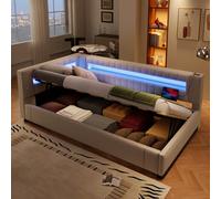 KUAKE Letto imbottito divano letto, 90 x 200 cm, striscia luminosa a LED con telecomando all'estremità del letto, stoccaggio idraulico, senza materasso, USB + Type-C, lino (grigio)
