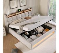 KUAKE Letto imbottito, letto matrimoniale con spazio e rete a doghe, testiera LED con funzione di ricarica USB, letto funzionale, schienale in lino (beige, 180 x 200 cm)