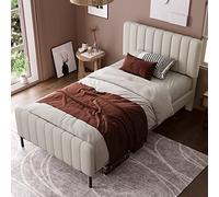 KUAKE Letto imbottito singolo 90 x 200 cm, struttura letto con rete a doghe e testiera regolabile, rete a doghe in legno e lino, letto imbottito in beige