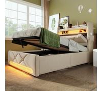 KUAKE Letto imbottito singolo 90 x 200 cm, testiera LED con porta USB e tipo C, letto funzionale, schienale in lino (beige, 90 x 200 cm)