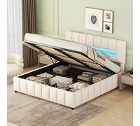 KUAKE Letto matrimoniale 180 x 200 cm, letto imbottito, letto familiare, piattaforma con testa a LED, struttura moderna con spazio di archiviazione (beige, 180 x 200 cm)