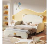 KUAKE Letto matrimoniale a forma di orso, 140 x 110 cm e 140 x 200 cm, letto imbottito, lettino per bambini, letto estraibile, con bordi protettivi, con doghe in legno, velluto, beige
