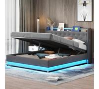 KUAKE letto matrimoniale con contenitore e LED, letto matrimoniale 160 * 200cm, doghe letto matrimoniale e USB, Lino (Grigio)