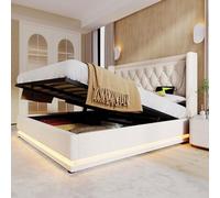 KUAKE Letto matrimoniale con LED e funzione di ricarica USB&Type-C,Letto idraulico 160 * 200 cm,letto matrimoniale con contenitore,funzione LED su 3 lati,con testata imbottita