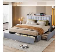 KUAKE Letto Matrimoniale con LED e Prese USB, Letto Per Adulti 160x200, Letto Imbottito con 4 Cassetti, Rete a Doghe in Legno, Grigio, Lino, senza Materasso (160x200cm)