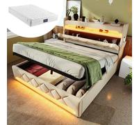 KUAKE Letto matrimoniale imbottito, 140 x 200 cm, testiera LED con porta USB e tipo C, letto funzionale, schienale in lino (beige, 140 x 200 cm, con materasso)